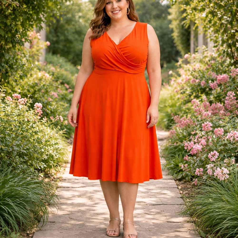 TIANA B NEW YORK Orange Surplice Midi Dress 1X Sleeveless Stretch A-Line Pull On